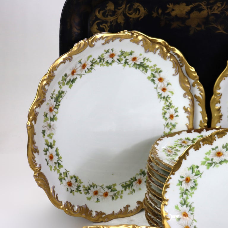 37 Vintage Limoges Porcelain Plates with Gilt Edges & Daisies c1940