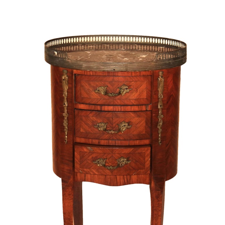 Antique French Louis XIV Style Satinwood Inlaid Kingwood, Marble & Ormolu Stands