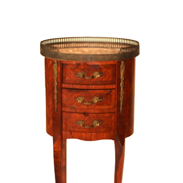 Antique French Louis XIV Style Satinwood Inlaid Kingwood, Marble & Ormolu Stands