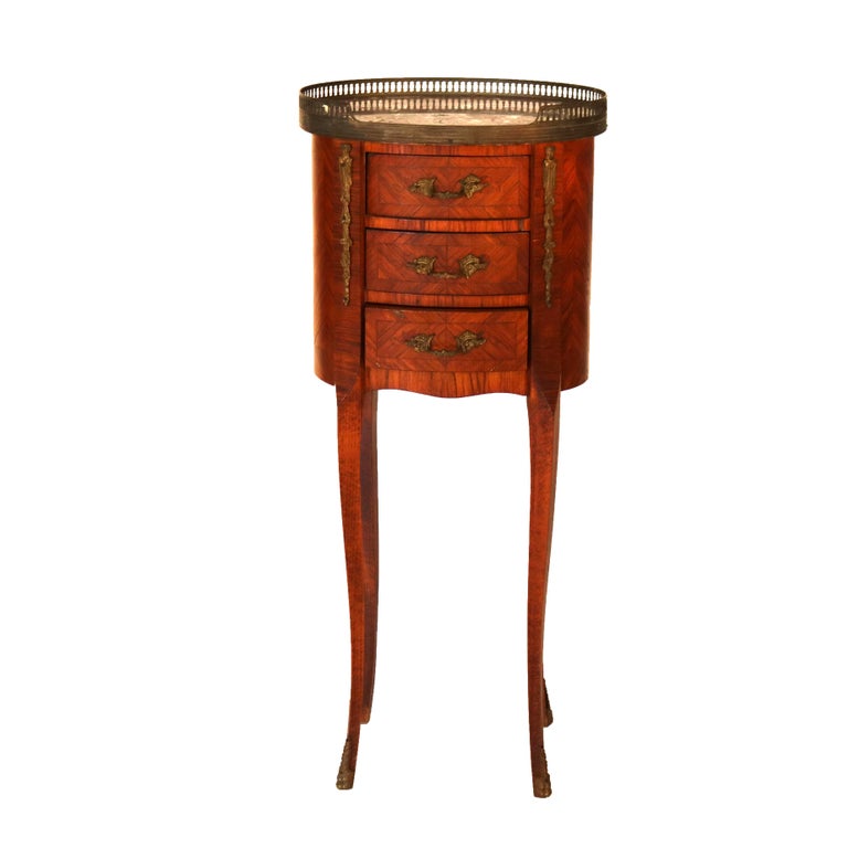 Antique French Louis XIV Style Satinwood Inlaid Kingwood, Marble & Ormolu Stands