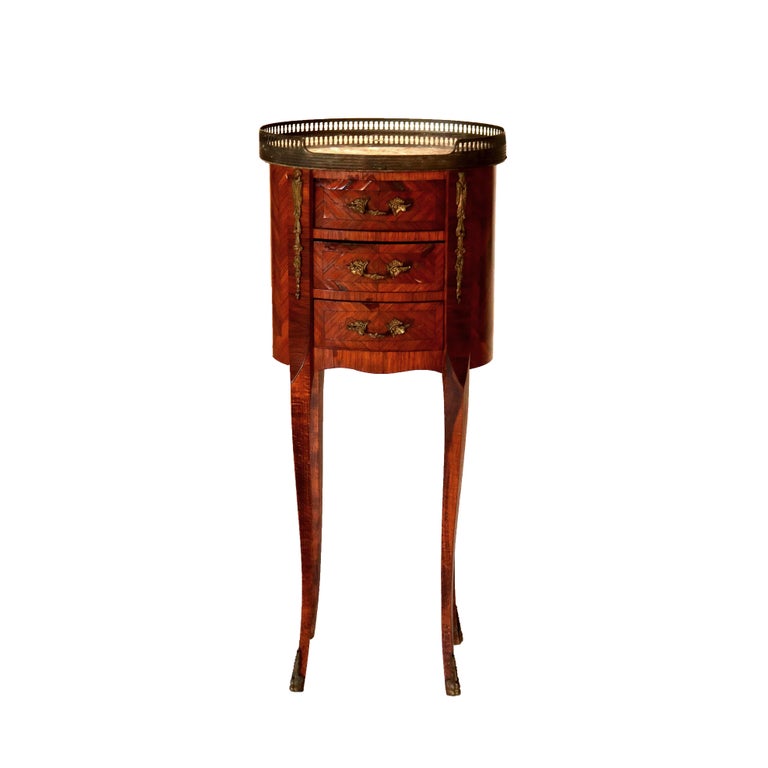 Antique French Louis XIV Style Satinwood Inlaid Kingwood, Marble & Ormolu Stands