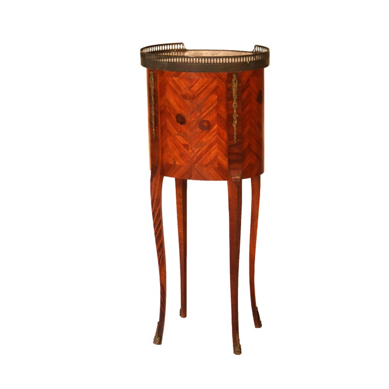 Antique French Louis XIV Style Satinwood Inlaid Kingwood, Marble & Ormolu Stands