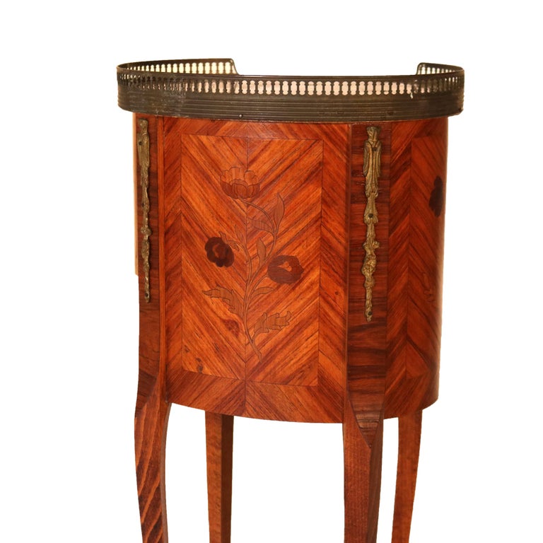 Antique French Louis XIV Style Satinwood Inlaid Kingwood, Marble & Ormolu Stands