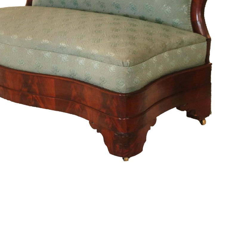 Antique American Empire Carved Flame Mahogany & Upholstered Slipper Bench C1850
