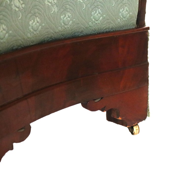 Antique American Empire Carved Flame Mahogany & Upholstered Slipper Bench C1850