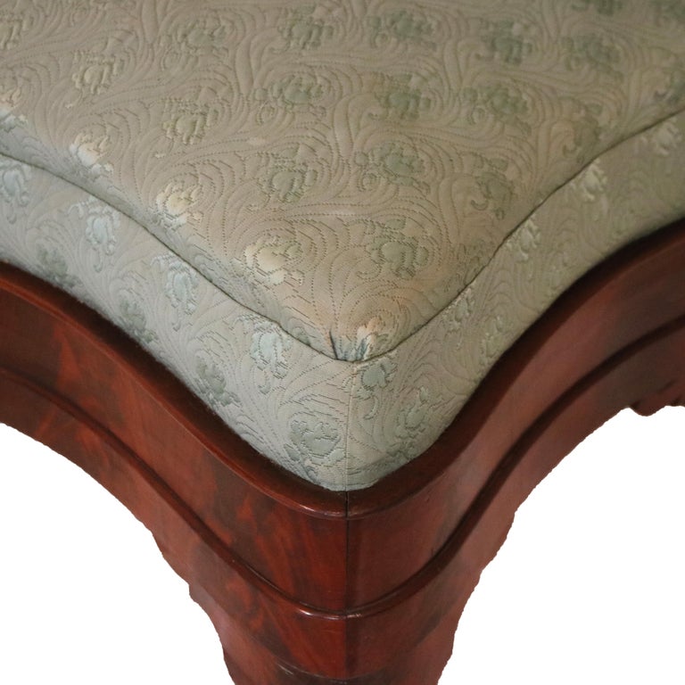 Antique American Empire Carved Flame Mahogany & Upholstered Slipper Bench C1850