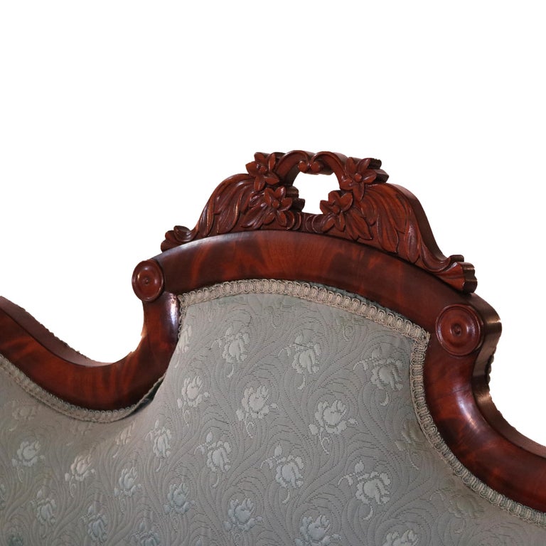 Antique American Empire Carved Flame Mahogany & Upholstered Slipper Bench C1850