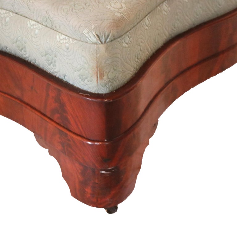 Antique American Empire Carved Flame Mahogany & Upholstered Slipper Bench C1850