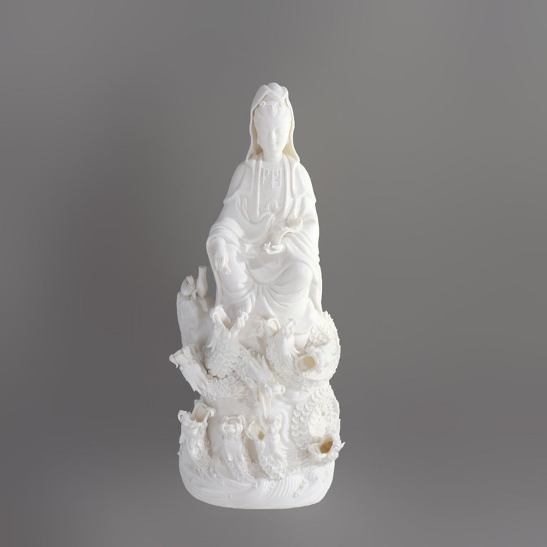 Parian Bisque Porcelain Kwan Yin Figure with Dragons 20thC
