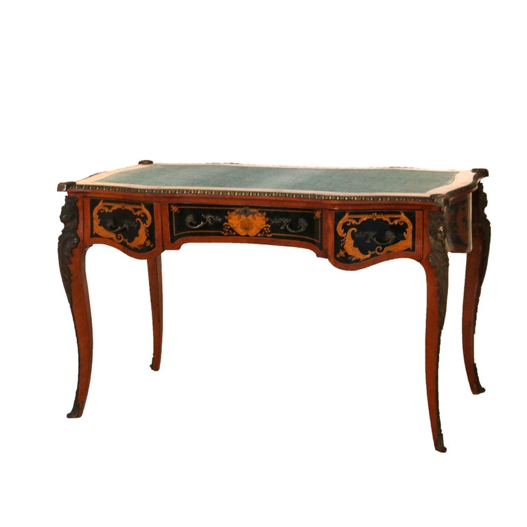 French Louis XIV Style Mahogany & Figural Ormolu Leather Top Three-Drawer Desk