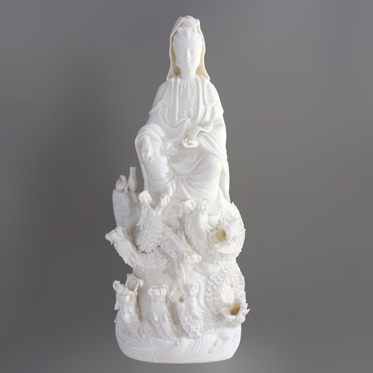 Parian Bisque Porcelain Kwan Yin Figure with Dragons 20thC