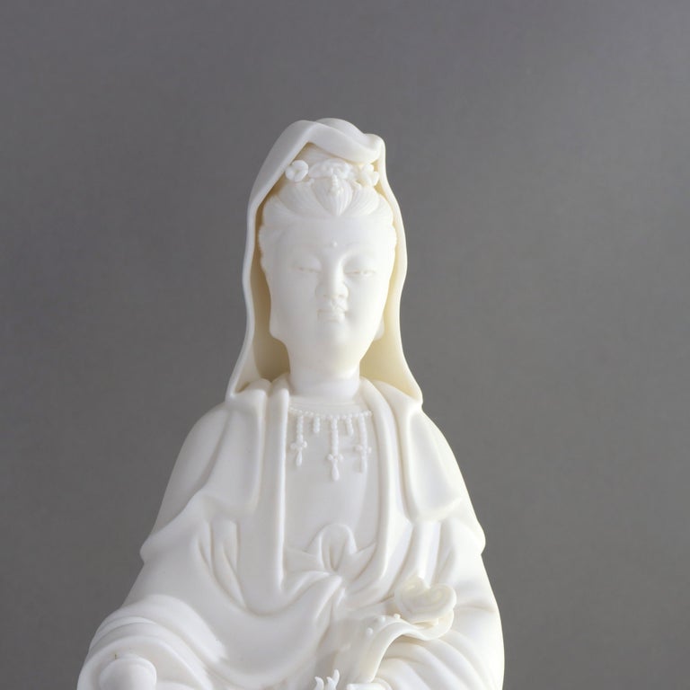 Parian Bisque Porcelain Kwan Yin Figure with Dragons 20thC