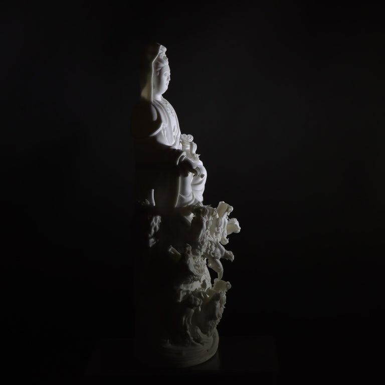 Parian Bisque Porcelain Kwan Yin Figure with Dragons 20thC