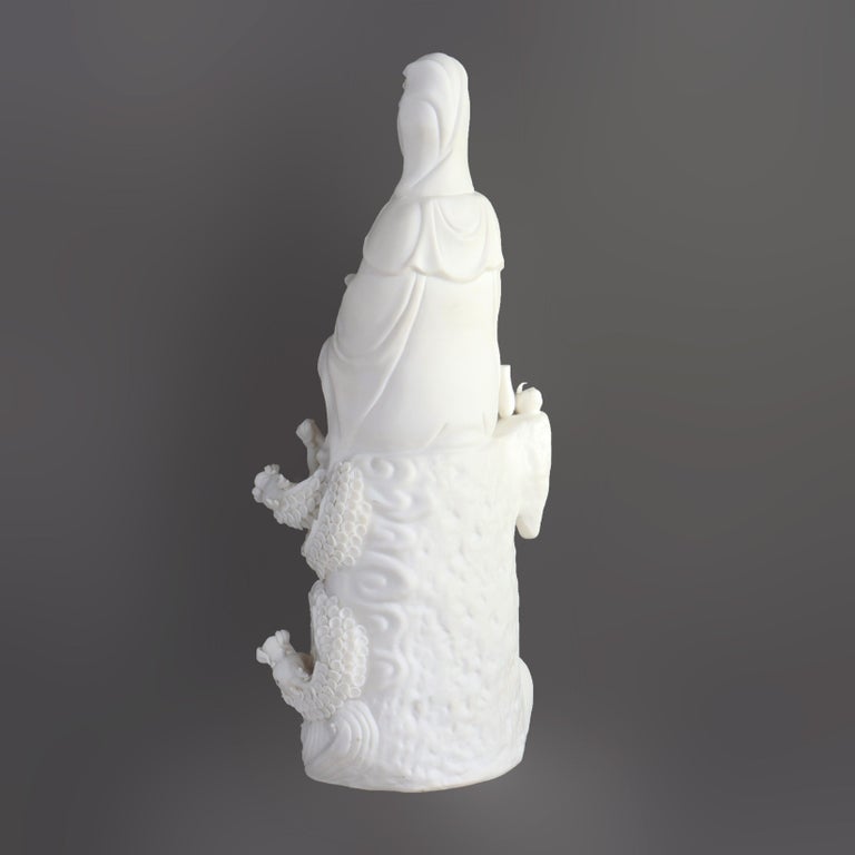 Parian Bisque Porcelain Kwan Yin Figure with Dragons 20thC