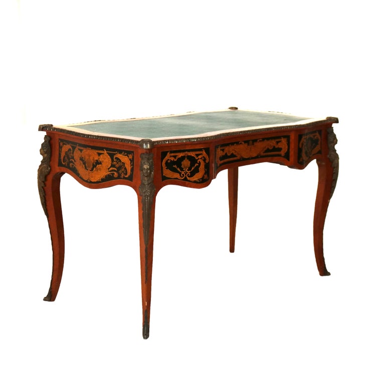 French Louis XIV Style Mahogany & Figural Ormolu Leather Top Three-Drawer Desk