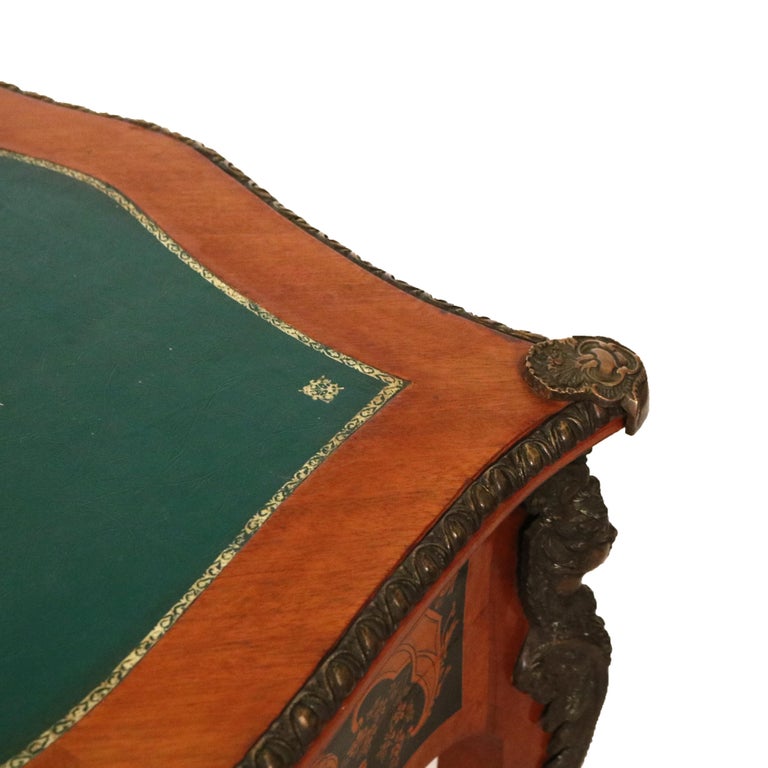 French Louis XIV Style Mahogany & Figural Ormolu Leather Top Three-Drawer Desk