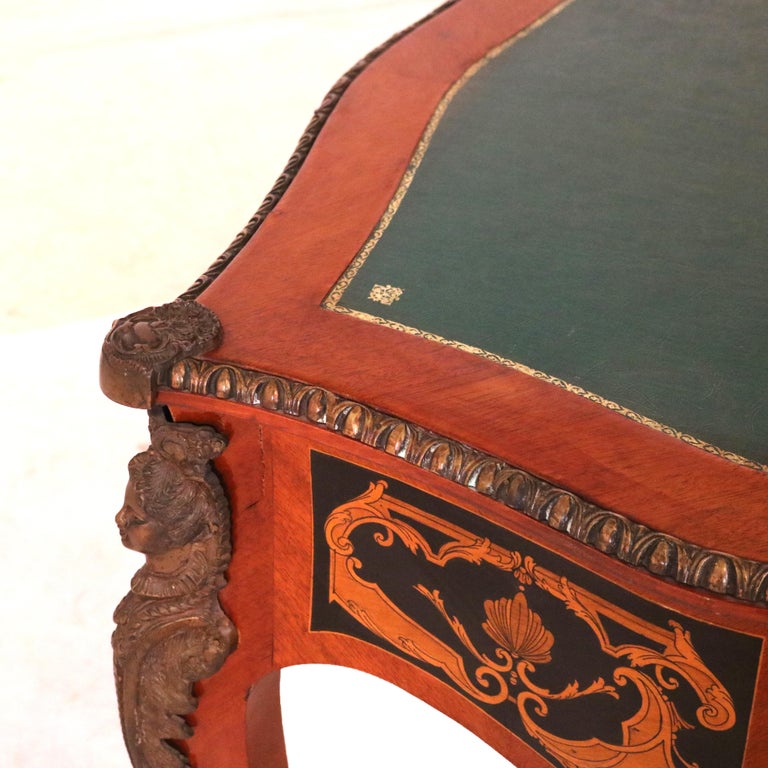 French Louis XIV Style Mahogany & Figural Ormolu Leather Top Three-Drawer Desk
