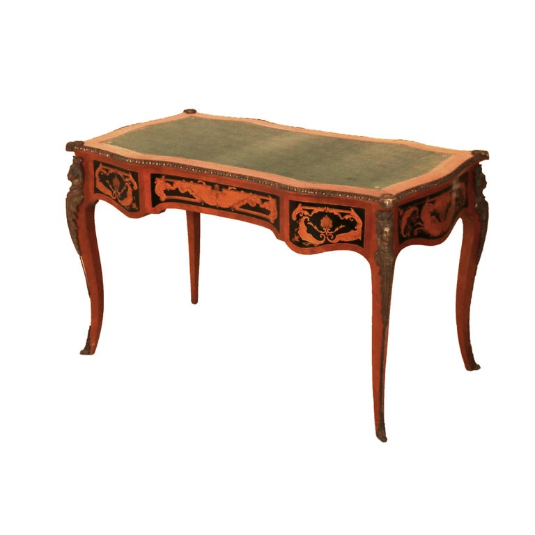 French Louis XIV Style Mahogany & Figural Ormolu Leather Top Three-Drawer Desk