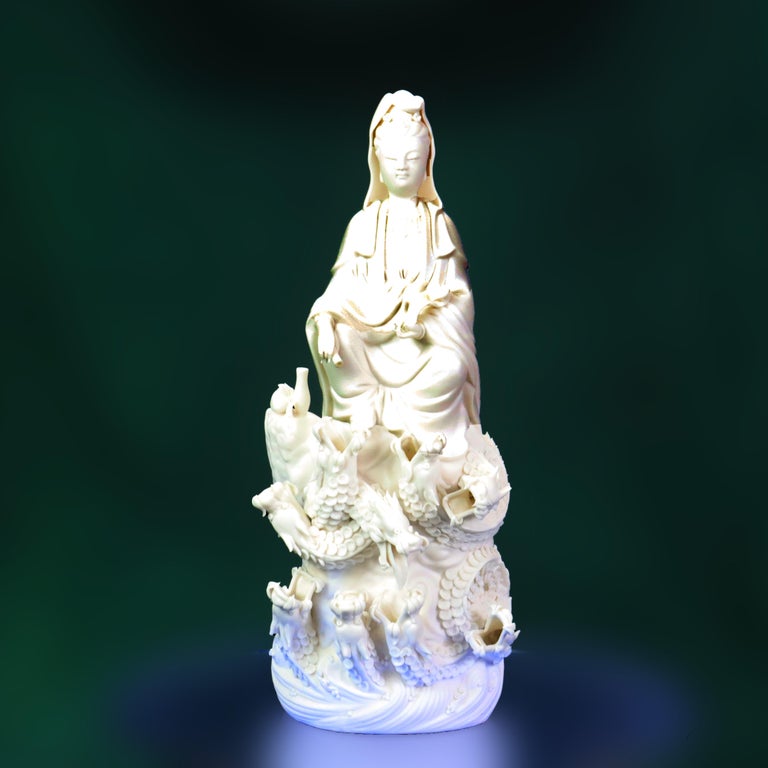 Parian Bisque Porcelain Kwan Yin Figure with Dragons 20thC