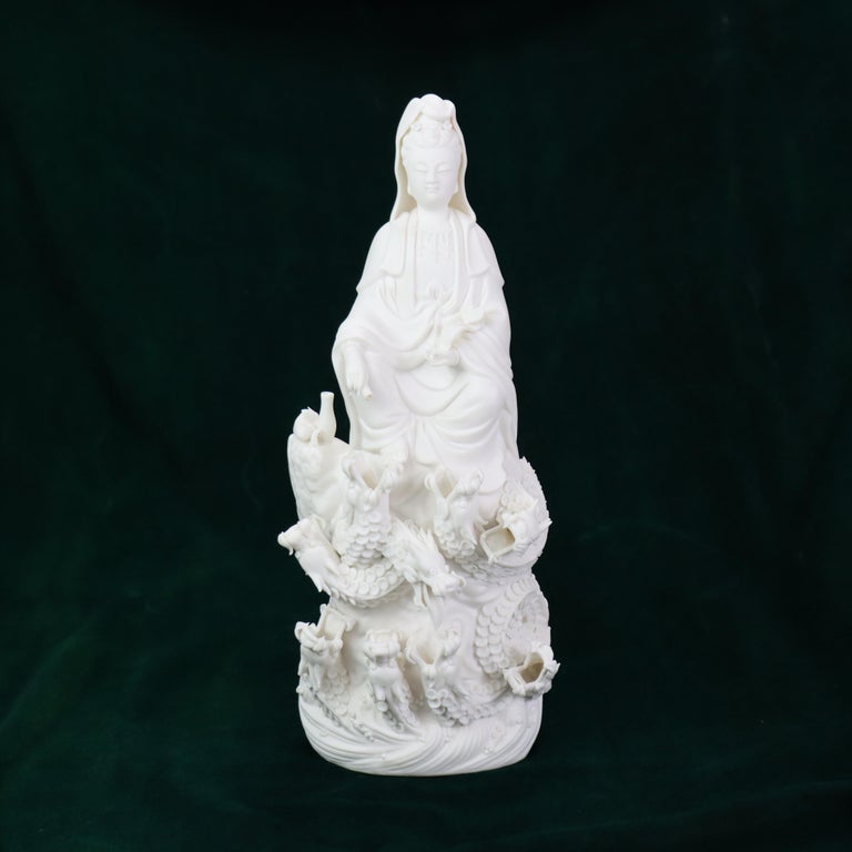 Parian Bisque Porcelain Kwan Yin Figure with Dragons 20thC