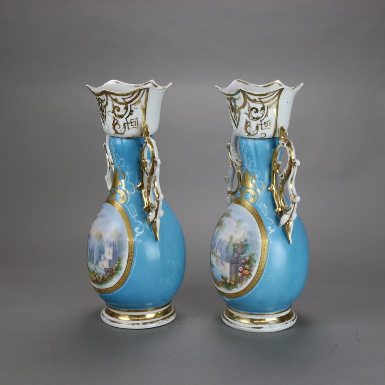 Pair Antique Jacob Petit School Old Paris Porcelain Paneled Hand Painted Vases