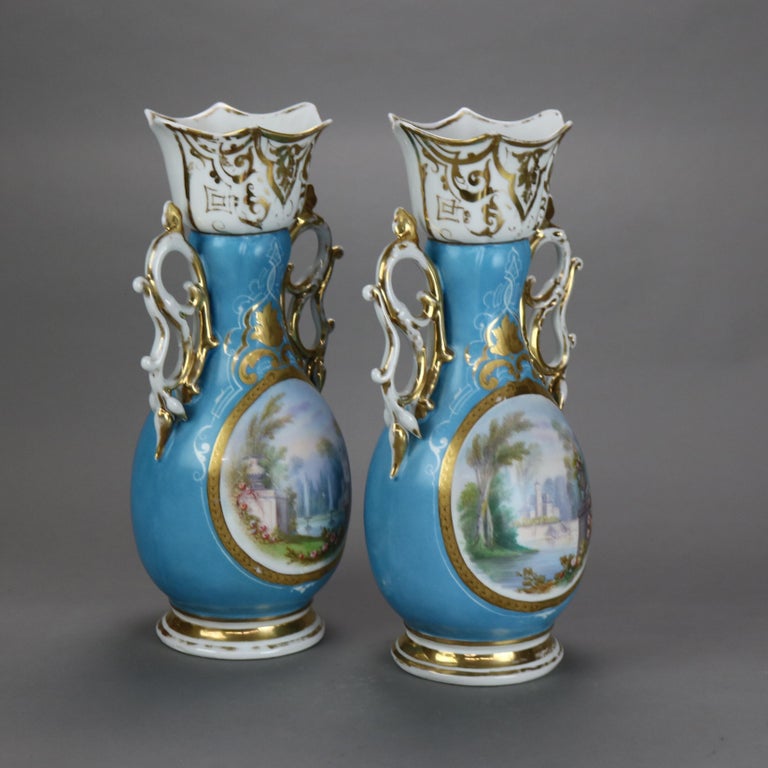 Pair Antique Jacob Petit School Old Paris Porcelain Paneled Hand Painted Vases