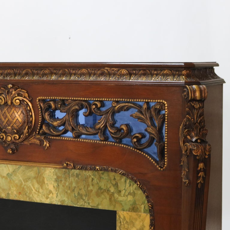 Antique French Louis XV Style Foliage Carved Walnut & Gilt Fireplace Mantle