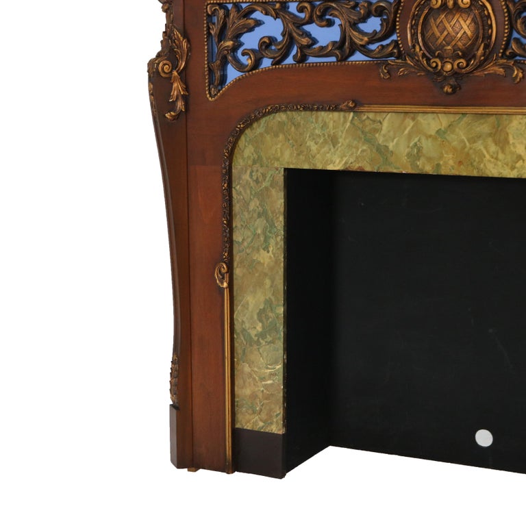 Antique French Louis XV Style Foliage Carved Walnut & Gilt Fireplace Mantle