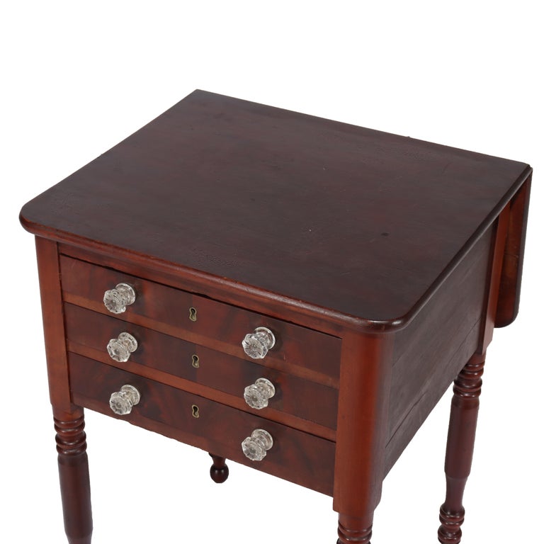 Antique Sheraton Cherry Three Drawer Work Stand with Drop Leaf C1850
