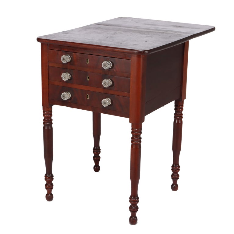 Antique Sheraton Cherry Three Drawer Work Stand with Drop Leaf C1850