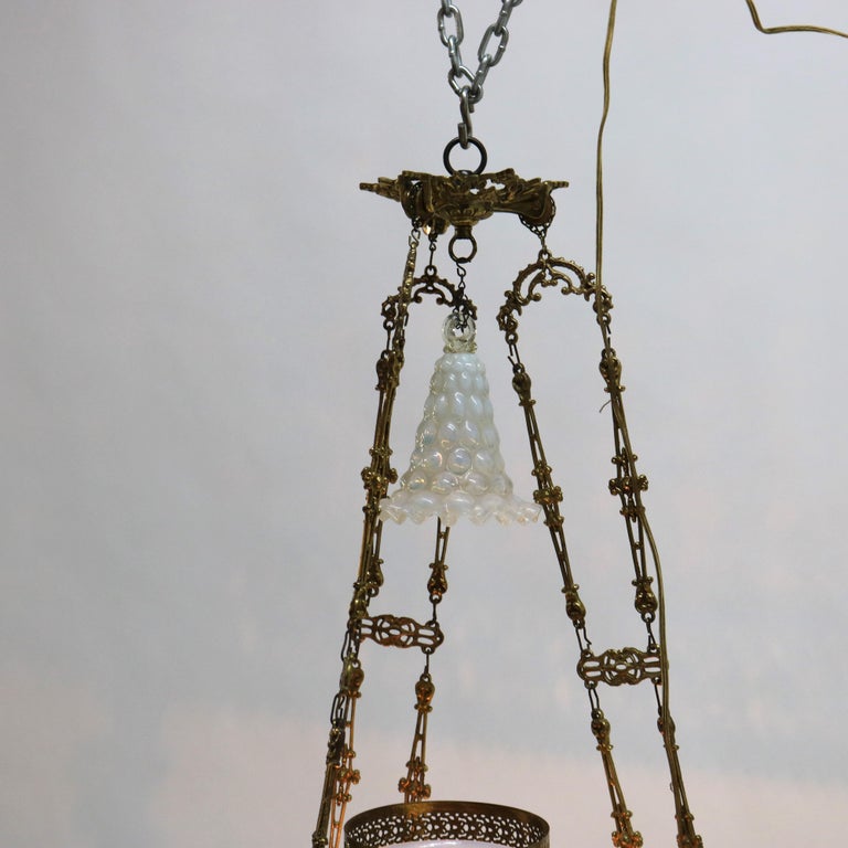 Antique Aesthetic Brass & Opalescent Hobnail Glass Hanging Library Lamp C1890
