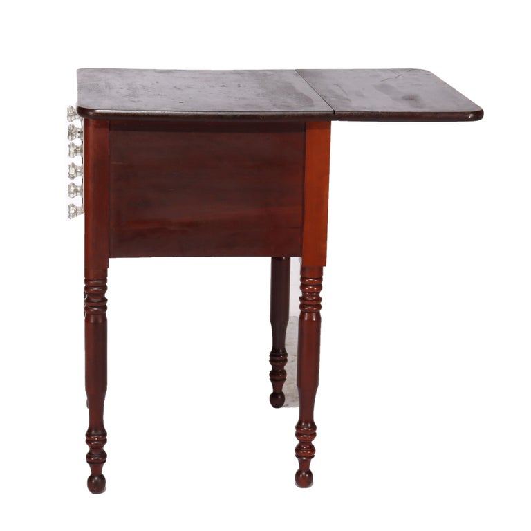 Antique Sheraton Cherry Three Drawer Work Stand with Drop Leaf C1850