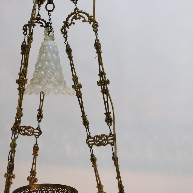 Antique Aesthetic Brass & Opalescent Hobnail Glass Hanging Library Lamp C1890
