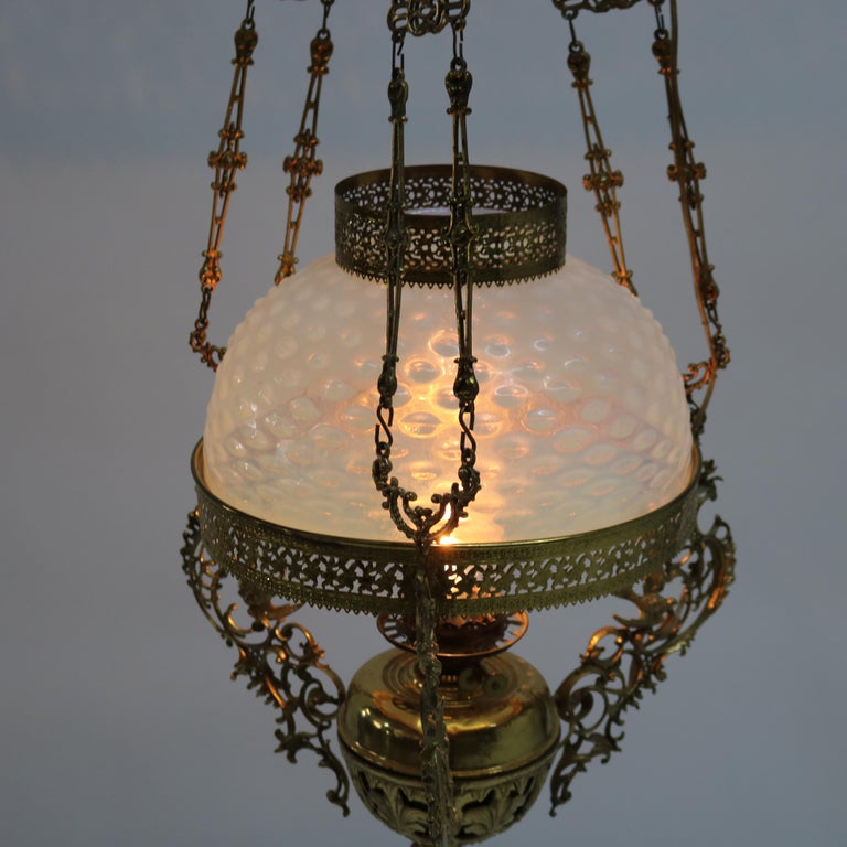 Antique Aesthetic Brass & Opalescent Hobnail Glass Hanging Library Lamp C1890