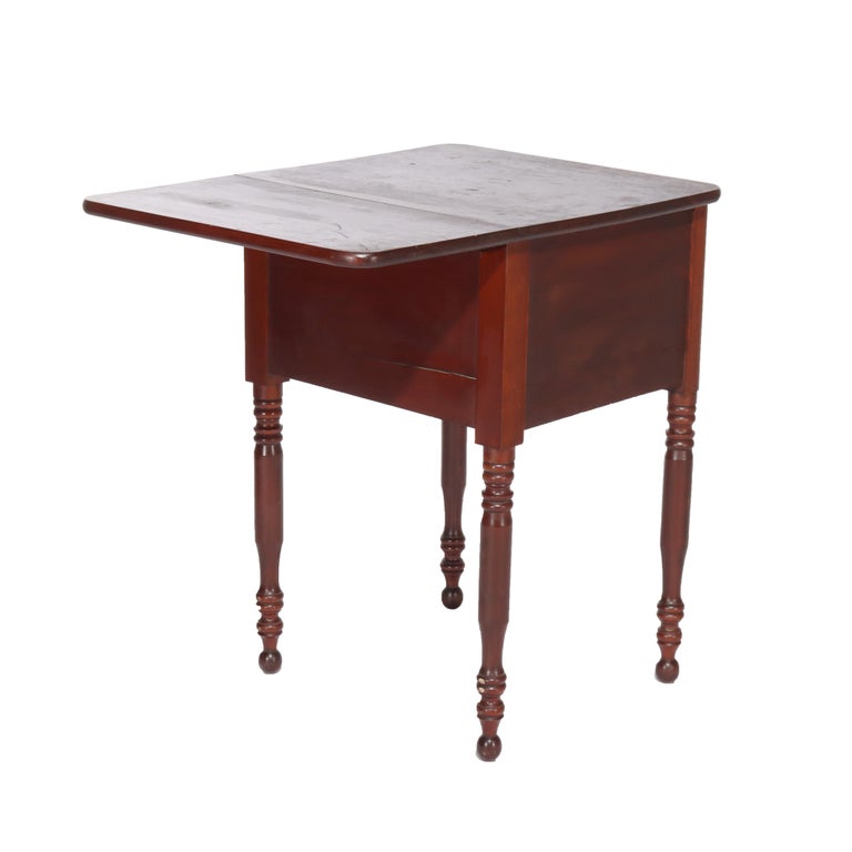 Antique Sheraton Cherry Three Drawer Work Stand with Drop Leaf C1850