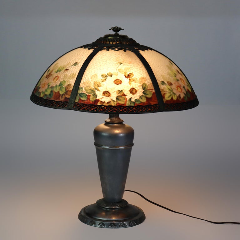 Antique Bradley & Hubbard Reverse Painted Floral Dogwood Table Lamp C1920