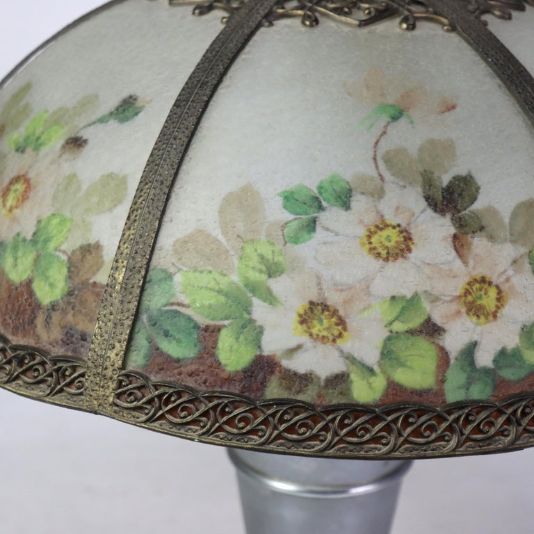 Antique Bradley & Hubbard Reverse Painted Floral Dogwood Table Lamp C1920