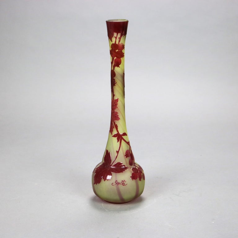 Antique French Art Nouveau Cut Back Flower Art Glass Vase Signed Galle C1920