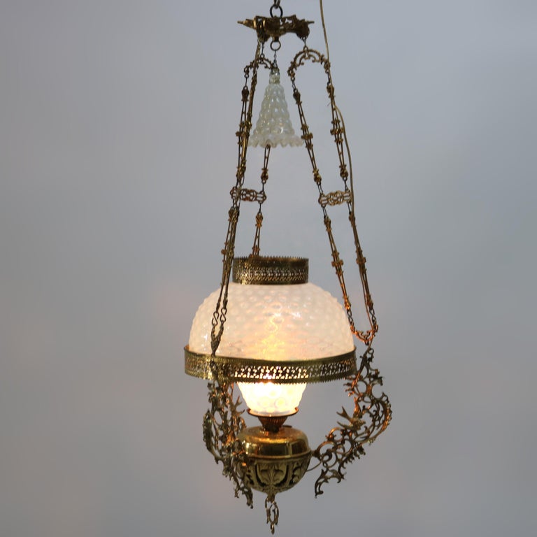Antique Aesthetic Brass & Opalescent Hobnail Glass Hanging Library Lamp C1890