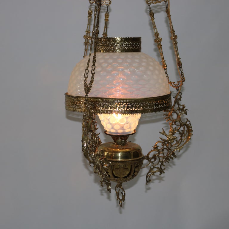 Antique Aesthetic Brass & Opalescent Hobnail Glass Hanging Library Lamp C1890