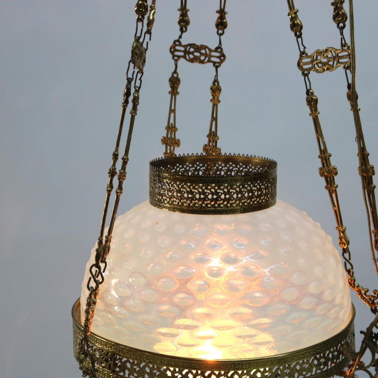 Antique Aesthetic Brass & Opalescent Hobnail Glass Hanging Library Lamp C1890
