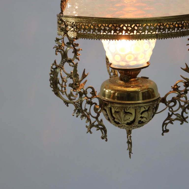 Antique Aesthetic Brass & Opalescent Hobnail Glass Hanging Library Lamp C1890