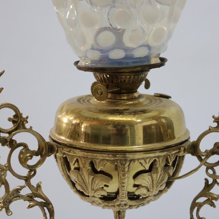 Antique Aesthetic Brass & Opalescent Hobnail Glass Hanging Library Lamp C1890