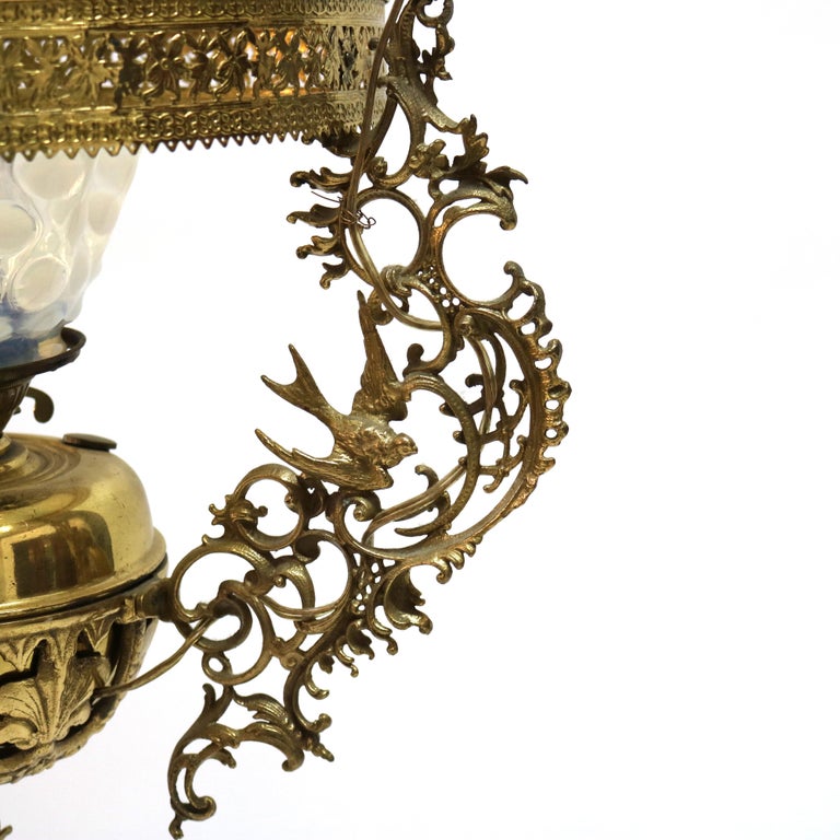 Antique Aesthetic Brass & Opalescent Hobnail Glass Hanging Library Lamp C1890