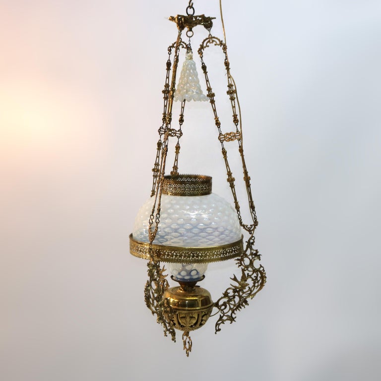 Antique Aesthetic Brass & Opalescent Hobnail Glass Hanging Library Lamp C1890