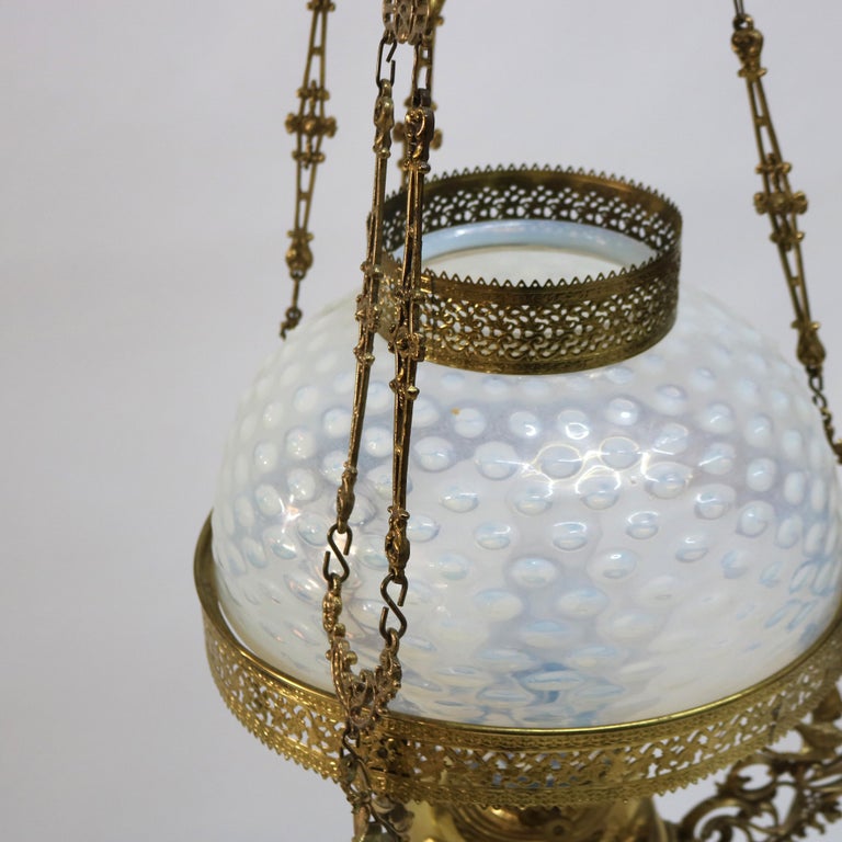 Antique Aesthetic Brass & Opalescent Hobnail Glass Hanging Library Lamp C1890