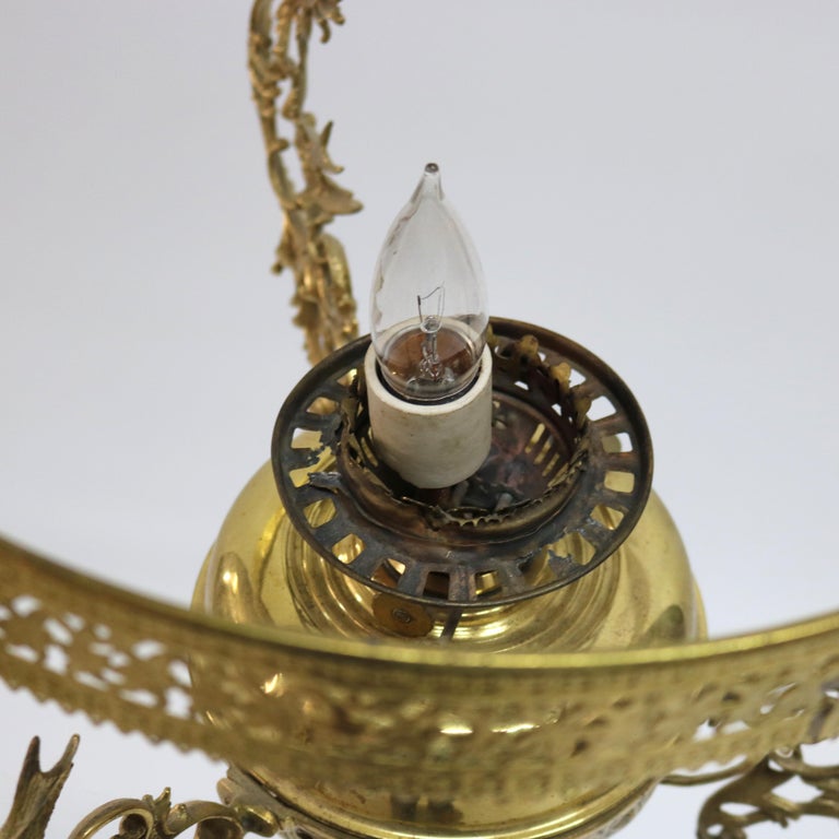 Antique Aesthetic Brass & Opalescent Hobnail Glass Hanging Library Lamp C1890