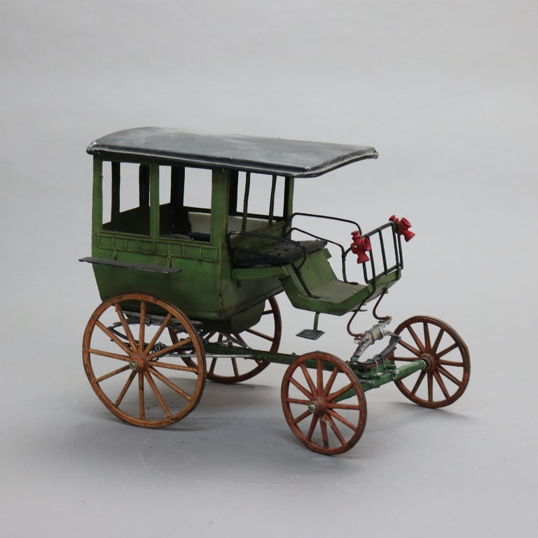Large Antique Toy Polychrome Tin & Wood Model Horse Drawn Carriage C1930