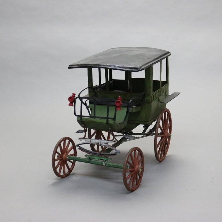 Large Antique Toy Polychrome Tin & Wood Model Horse Drawn Carriage C1930