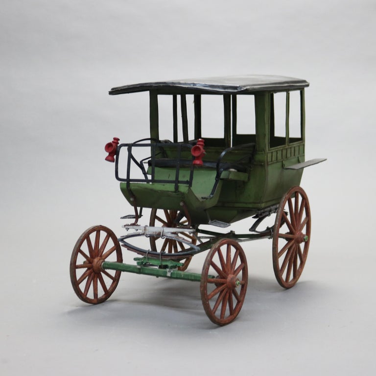 Large Antique Toy Polychrome Tin & Wood Model Horse Drawn Carriage C1930